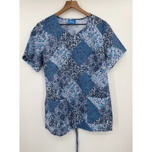 Elan By Barco Light Weight Scrub Top Women Large Beautiful Blue Floral Patchwork